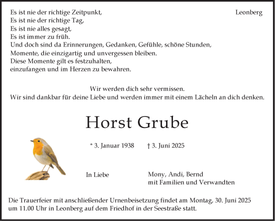 Traueranzeige von Horst Grube von Leonberger Kreiszeitung / Strohgäu Extra