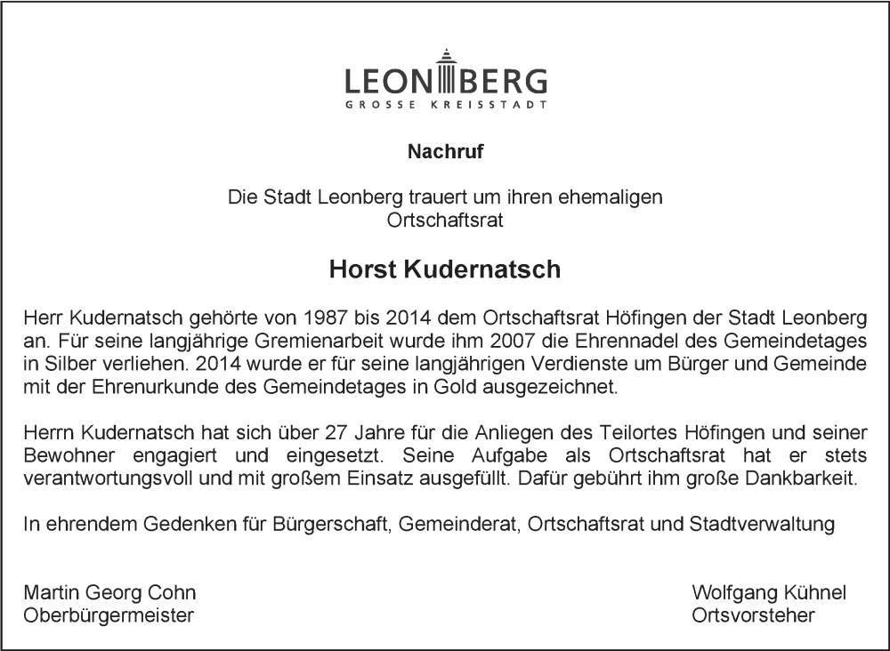  Traueranzeige für Horst Kudernatsch vom 28.06.2025 aus Leonberger Kreiszeitung / Strohgäu Extra