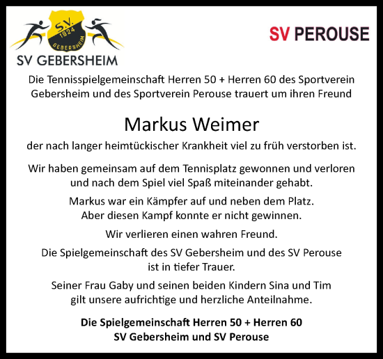 Traueranzeige von Markus Weimer von Leonberger Kreiszeitung / Strohgäu Extra