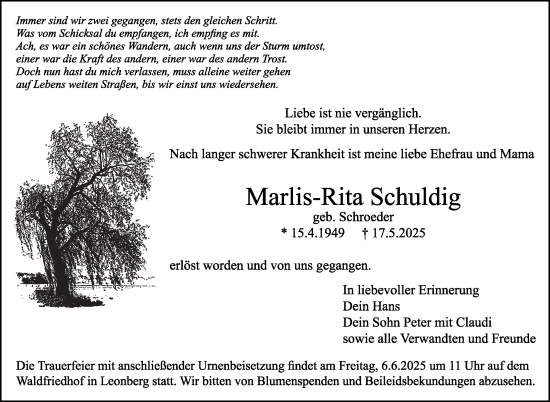Traueranzeige von Marlis-Rita Schuldig von Leonberger Kreiszeitung / Strohgäu Extra