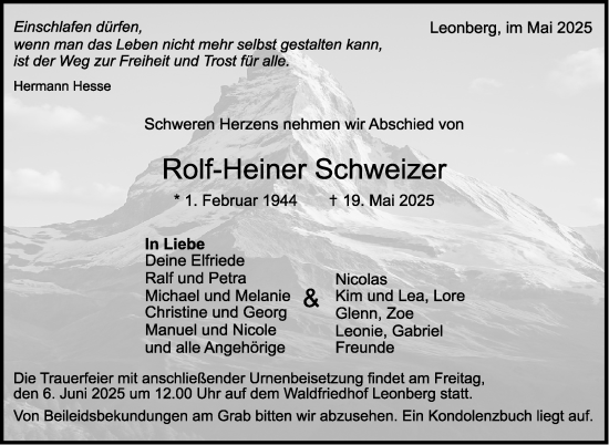 Traueranzeige von Rolf-Heiner Schweizer von Leonberger Kreiszeitung / Strohgäu Extra