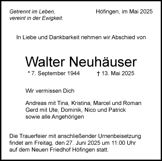Traueranzeige von Walter Neuhäuser von Leonberger Kreiszeitung / Strohgäu Extra