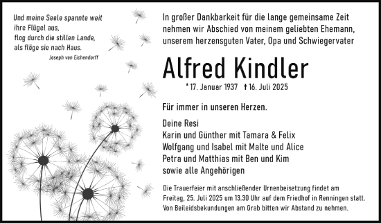 Traueranzeige von Alfred Kindler von Leonberger Kreiszeitung / Strohgäu Extra