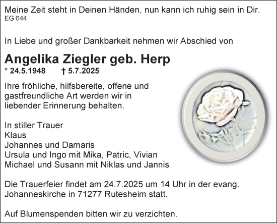 Traueranzeige von Angelika Ziegler von Leonberger Kreiszeitung / Strohgäu Extra