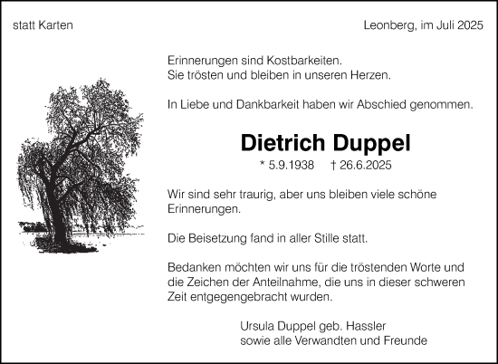 Traueranzeige von Dietrich Duppel von Leonberger Kreiszeitung / Strohgäu Extra