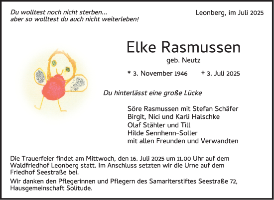 Traueranzeige von Elke Rasmussen von Leonberger Kreiszeitung / Strohgäu Extra