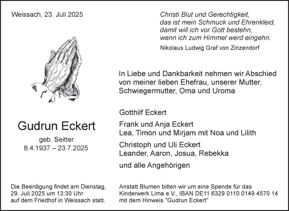  Traueranzeige für Gudrun Eckert vom 26.07.2025 aus Leonberger Kreiszeitung / Strohgäu Extra