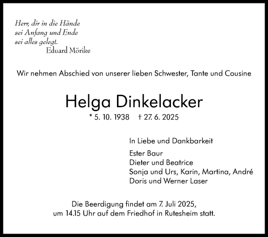 Traueranzeige von Helga Dinkelacker von Leonberger Kreiszeitung / Strohgäu Extra