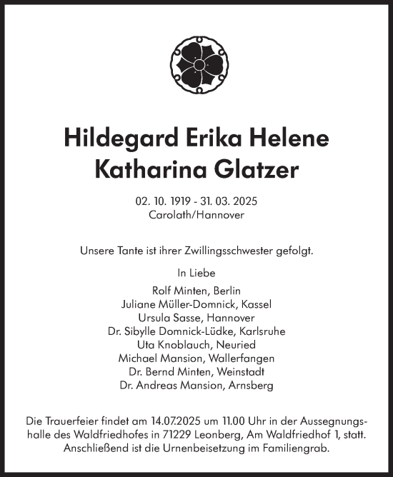 Traueranzeige von Hildegard  Glatzer von Leonberger Kreiszeitung / Strohgäu Extra