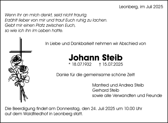 Traueranzeige von Johann Steib von Leonberger Kreiszeitung / Strohgäu Extra