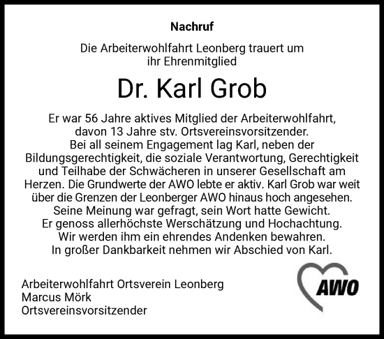 Traueranzeige von Karl Grob von Leonberger Kreiszeitung / Strohgäu Extra