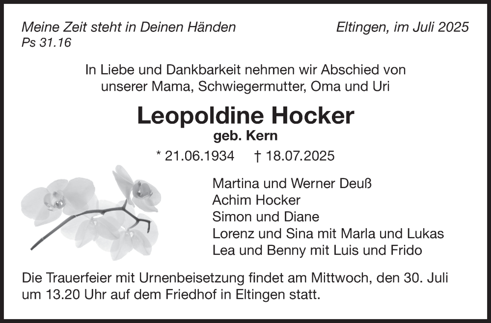  Traueranzeige für Leopoldine Hocker vom 25.07.2025 aus Leonberger Kreiszeitung / Strohgäu Extra
