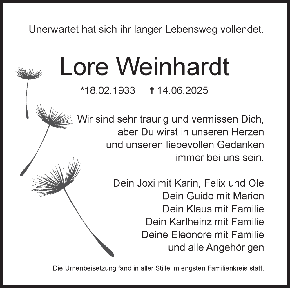  Traueranzeige für Lore Weinhardt vom 12.07.2025 aus Leonberger Kreiszeitung / Strohgäu Extra