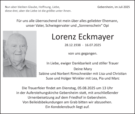 Traueranzeige von Lorenz Eckmayer von Leonberger Kreiszeitung / Strohgäu Extra
