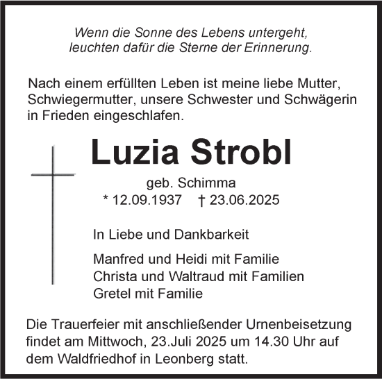 Traueranzeige von Luzia Strobl von Leonberger Kreiszeitung / Strohgäu Extra