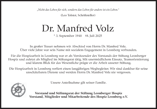 Traueranzeige von Manfred Volz von Leonberger Kreiszeitung / Strohgäu Extra