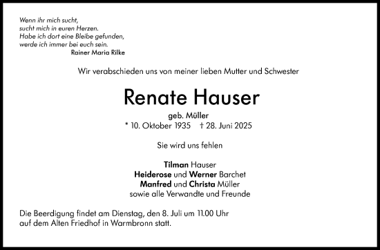 Traueranzeige von Renate Hauser von Leonberger Kreiszeitung / Strohgäu Extra