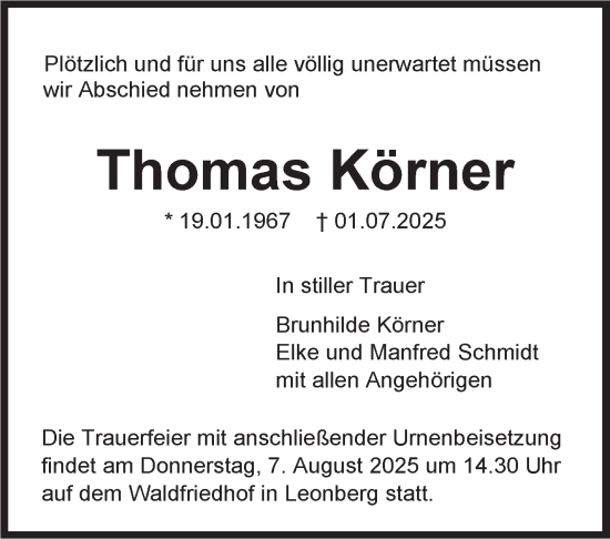 Traueranzeige von Thomas Körner von Leonberger Kreiszeitung / Strohgäu Extra