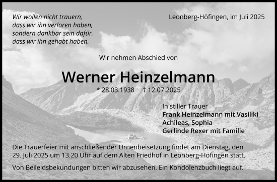 Traueranzeige von Werner Heinzelmann von Leonberger Kreiszeitung / Strohgäu Extra