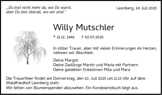 Traueranzeige von Willy Mutschler von Leonberger Kreiszeitung / Strohgäu Extra