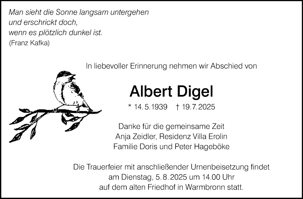  Traueranzeige für Albert Digel vom 01.08.2025 aus Leonberger Kreiszeitung / Strohgäu Extra