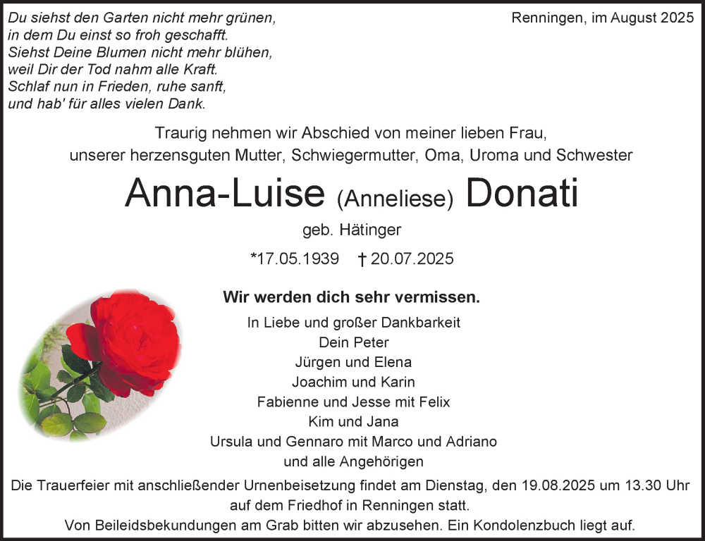  Traueranzeige für Anna-Luise Donati vom 09.08.2025 aus Leonberger Kreiszeitung / Strohgäu Extra