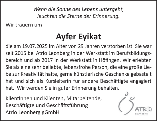 Traueranzeige von Ayfer Eyikat von Leonberger Kreiszeitung / Strohgäu Extra