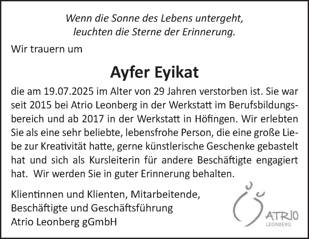  Traueranzeige für Ayfer Eyikat vom 09.08.2025 aus Leonberger Kreiszeitung / Strohgäu Extra