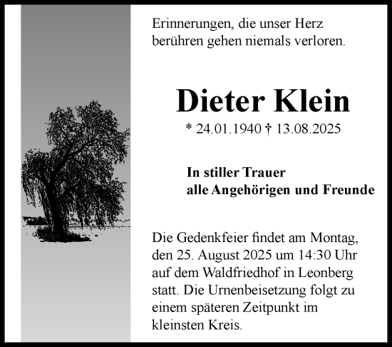 Traueranzeige von Dieter Klein von Leonberger Kreiszeitung / Strohgäu Extra