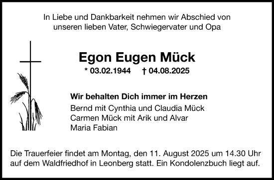 Traueranzeige von Egon Eugen Mück von Leonberger Kreiszeitung / Strohgäu Extra