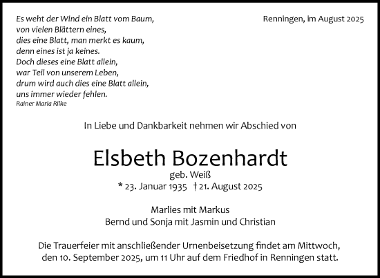 Traueranzeige von Elsbeth Bozenhardt von Leonberger Kreiszeitung / Strohgäu Extra