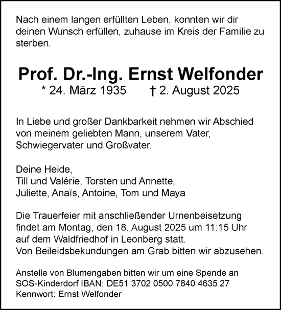 Traueranzeige von Ernst Welfonder von Leonberger Kreiszeitung / Strohgäu Extra