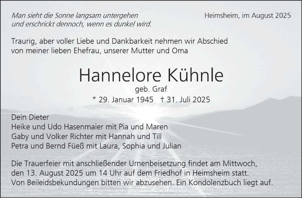  Traueranzeige für Hannelore Kühnle vom 09.08.2025 aus Leonberger Kreiszeitung / Strohgäu Extra