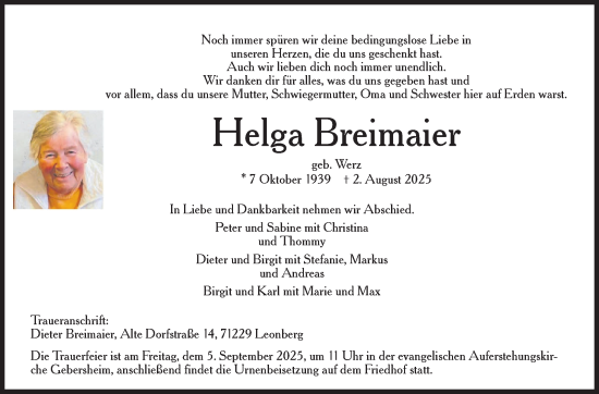 Traueranzeige von Helga Breimaier von Leonberger Kreiszeitung / Strohgäu Extra