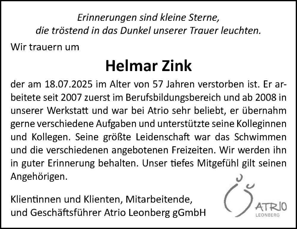 Traueranzeige für Helmar Zink vom 02.08.2025 aus Leonberger Kreiszeitung / Strohgäu Extra