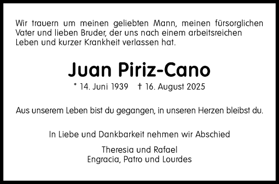 Traueranzeige von Juan Piriz-Cano von Leonberger Kreiszeitung / Strohgäu Extra