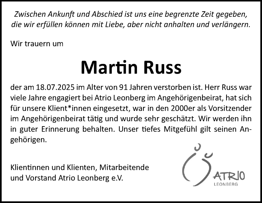  Traueranzeige für Martin Russ vom 02.08.2025 aus Leonberger Kreiszeitung / Strohgäu Extra