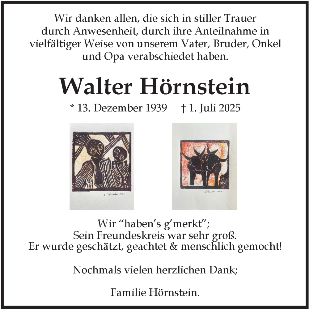  Traueranzeige für Walter Hörnstein vom 09.08.2025 aus Leonberger Kreiszeitung / Strohgäu Extra