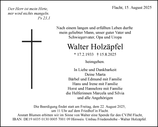Traueranzeige von Walter Holzäpfel von Leonberger Kreiszeitung / Strohgäu Extra
