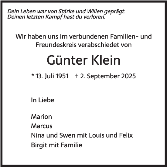 Traueranzeige von Günter Klein 