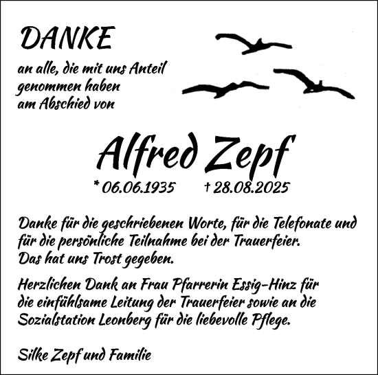Traueranzeige von Alfred Zepf von Leonberger Kreiszeitung / Strohgäu Extra