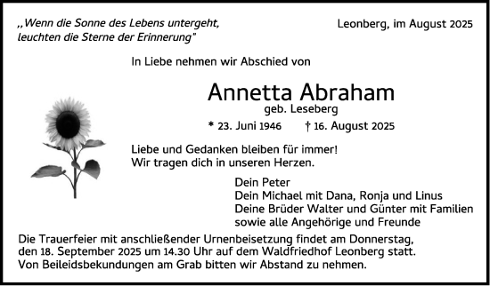 Traueranzeige von Annetta Abraham von Leonberger Kreiszeitung / Strohgäu Extra