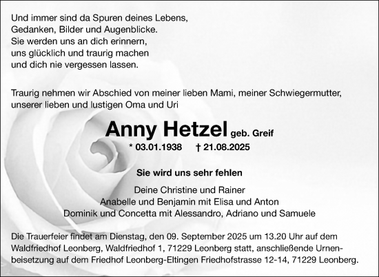 Traueranzeige von Anny Hetzel von Leonberger Kreiszeitung / Strohgäu Extra