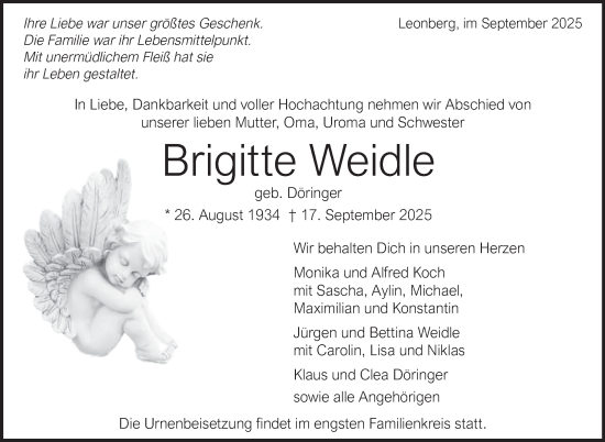 Traueranzeige von Brigitte Weidle von Leonberger Kreiszeitung / Strohgäu Extra