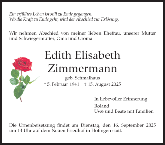 Traueranzeige von Edith Elisabeth Zimmermann von Leonberger Kreiszeitung / Strohgäu Extra