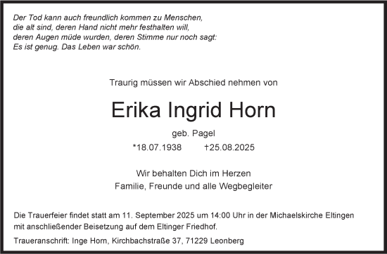 Traueranzeige von Erika Ingrid Horn von Leonberger Kreiszeitung / Strohgäu Extra