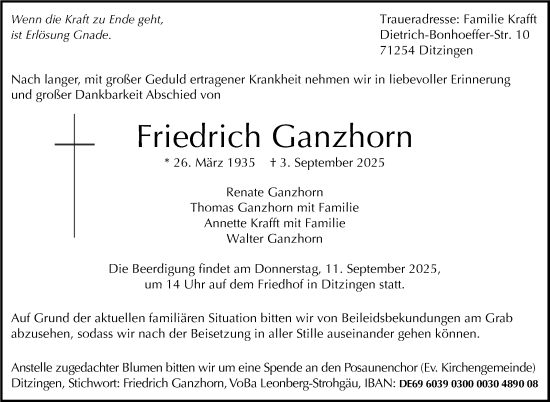 Traueranzeige von Friedrich Ganzhorn von Leonberger Kreiszeitung / Strohgäu Extra