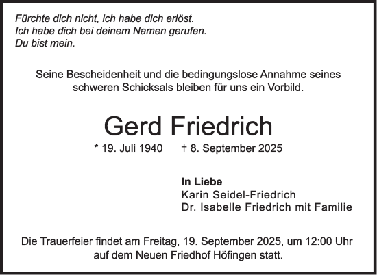 Traueranzeige von Gerd Friedrich von Leonberger Kreiszeitung / Strohgäu Extra