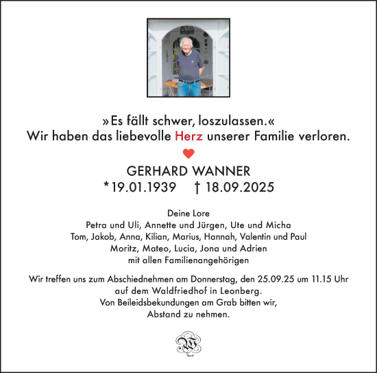 Traueranzeige von Gerhard Wanner von Leonberger Kreiszeitung / Strohgäu Extra