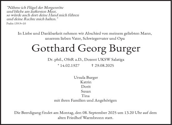 Traueranzeige von Gotthard Georg Burger von Leonberger Kreiszeitung / Strohgäu Extra